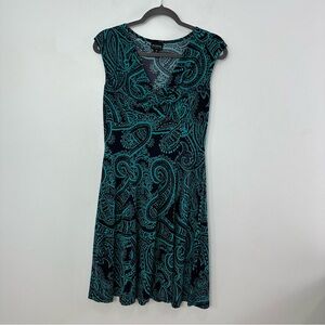 EnFocus Studio Black & Teal Green Paisley Cap Sleeve Soft V Neck Dress Size 8